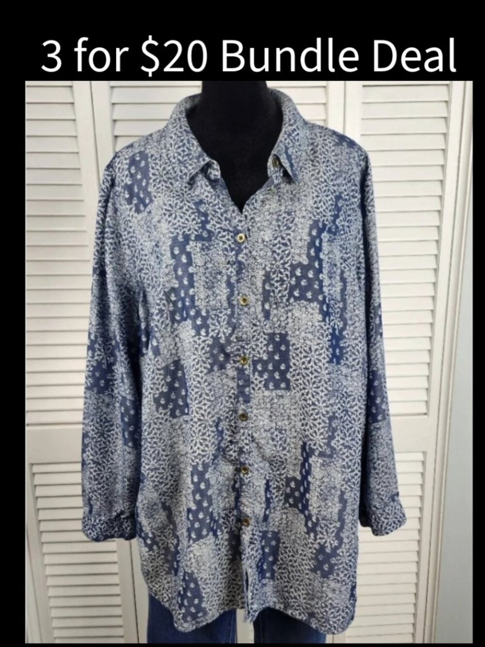 Catherines Chambray Floral Button Front Top 0X or 14 - 16 Patchwork Pattern